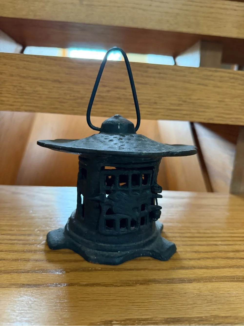 Vintage Japanese Cast Iron Pagoda Garden Lantern Hanging Candle Holder Patina
